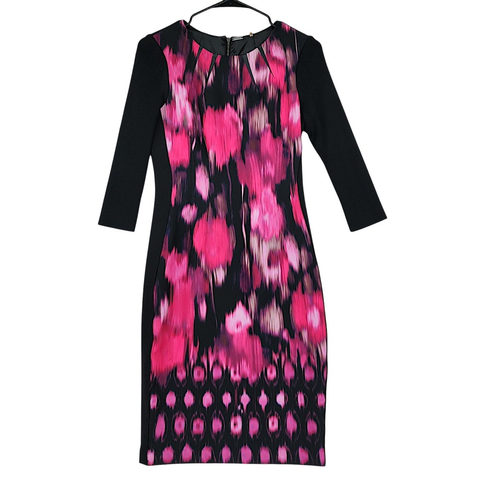 Elie Tahari Sheath Dress 2 Pink Black Abstract Floral Faux Leather Trim 3/4 Slv
